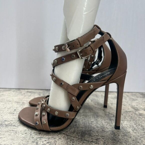 Saint Laurent Paris Jerry Studded Buckle Brown Leather Strappy Heels Womens 6 - Picture 1 of 12